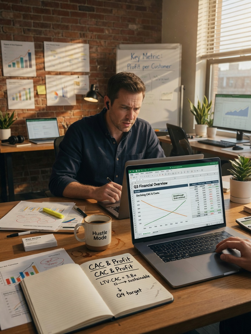 Visual illustration of the relationship between customer acquisition cost (CAC) and profit coverage — the acquisition system is sustainable only when CAC is below 1.5x gross profit.